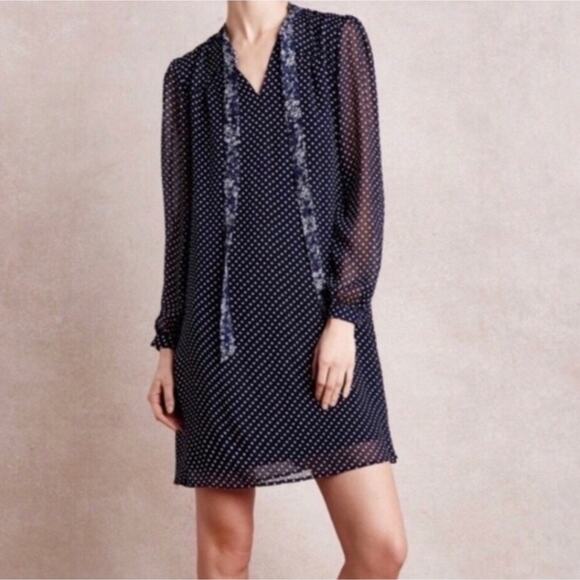 11.1 Tylho Anthropologie Size Small S Blue Isla Polka Dot A Line Tie Neck Dress - Picture 2 of 8